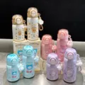 Cute kids double drink thermos bottle with straw and portable strap for outdoor school use - 350ml / Mixed Colors
