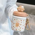 Cute cartoon bear thermal water cup portable stainless steel flask with silicone lid detail view - 360ml / Coffee