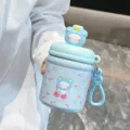 Blue cute insulated water bottle detail showing 3D bear cap and sweet day printed cup body. - 360ml / Blue