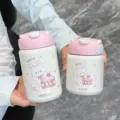 Cute stainless steel portable vacuum insulated thermos water bottle with bunny cake cartoon design. - 260ml / Pink