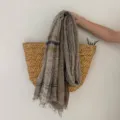 Lightweight striped scarf for women, breathable retro literary style shawl with tassel edge details. - Light Coffee