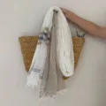 Lightweight breathable retro women scarf with chic stripe and fringe detail for daily wear. - Beige