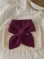Detail shot of cozy purple knitted winter short scarf with cute heart charm on white mat. - 75*13cm / Deep purple