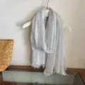Lightweight grey gauze fringe scarf detail, breathable soft texture for stylish casual daily wear. - WR Solid Pleated Texture Light Gray