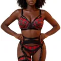 Detailansicht des roten Karomiederware-Sets mit schwarzen Bändern und Strumpfhaltern sexy. - S / Set / Rotes Karo