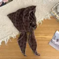 Brown checkered triangle scarf close-up detail, vintage design with scalloped white edges. - Coffee
