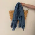 Blue linen fringe scarf with retro stripes, lightweight breathable autumn shawl detail view. - Blue