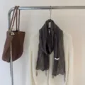 Gray pleated thin scarf with delicate lace trim, elegant draped style for spring summer. - 195x70cm / Solid Color White Label Brown