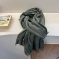Close-up detail of vintage distressed striped cotton linen scarf, showing textured fringe edge. - 180*90cm / Green