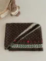 Brown Fair Isle knit scarf with white dots and handmade beaded floral details, cozy winter warmth. - Coffee
