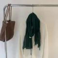 Korean style dark green crinkled thin silk scarf with delicate lace trim, stylish spring accessory. - 195x70cm / Solid Color White Label Dark Green