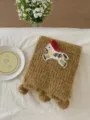 Women's knitted brown scarf with cute pony embroidery and pom pom fringe, cozy winter accessory. - 135x18cm / Yellow
