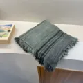 Cozy green fringed scarf with subtle stripes, elegant literary style shawl for daily wear. - Green