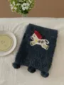 Knitted winter scarf with cute embroidered horse patch and cozy fringe for women style. - 135x18cm / Navy Blue