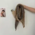 Textured retro color-block frayed edge scarf detail showing unique wasteland style fabric and chic design. - Camel