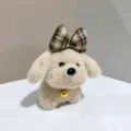 Cute plush puppy toy pendant with plaid bow and gold bell for bag charm and key ring. - Bead Chain Style / Beige