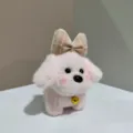 Cute pink puppy plush toy detail view, fluffy doll with plaid bow and bell pendant. - Bead Chain Style / Pink