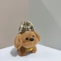 Cute brown puppy plush toy with plaid bow and bell, soft bag pendant keychain charm. - Bead Chain Style / Brown