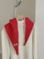 Knitted red triangle scarf with white contrast edge, stylish short neck warmer for women. - Red