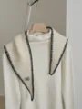 Women's early autumn knitted contrast stitch detachable collar scarf turtleneck sweater set - Off White