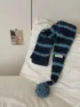 Korean style striped knitted scarf with cute pom-pom, soft winter warm wool neck warmer for women. - Contrast Striped Pom-Pom Navy Blue