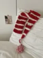 Red and white striped knitted scarf for women autumn and winter cute pompom warm winter neckerchief - Contrast Striped Pom-Pom Red