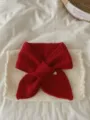 Red knitted short scarf for women, cozy winter thermal neck warmer with heart charm detail. - 75*13cm / Red