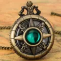Vintage bronze quartz pocket watch with green gemstone and compass design detail. - Thin Chain / Green Stone - Fine Chain