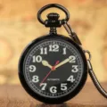 Classic black mechanical pocket watch with luminous Arabic numerals and metal chain. - Black