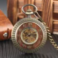 Vintage bronze mechanical pocket watch with wood grain dial and skeleton movement design. - Antique Bronze