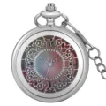 Silver pocket watch featuring hollow filigree pattern and colorful gradient dial with Roman numerals. - Thick Waist Chain