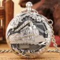 Vintage steam locomotive quartz pocket watch with music box, classic retro vintage design style. - Silver