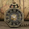 Vintage bronze octagonal mechanical pocket watch with Roman numerals and skeleton dial. - P2025C / Bronze