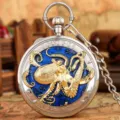 Vintage quartz pocket watch with 3D gold octopus and blue enamel dial for men women gift. - Silver