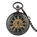Vintage black mechanical pocket watch with carved case, skeleton dial and Roman numerals. - Black