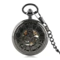 Vintage mechanical pocket watch with Roman numerals and skeleton gear design main view. - Black