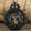 Vintage black octagonal mechanical pocket watch with Roman numerals and skeleton dial. - Black
