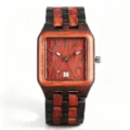 Men's square wooden quartz watch with red and black sandalwood strap and date display main view. - Black and Red Sandalwood (W451601)