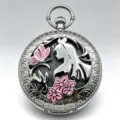 Alice in Wonderland pocket watch, silver metallic music box pendant with enamel flowers. - Watch Only / Silver