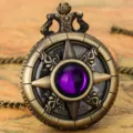 Vintage Bronze Quartz Pocket Watch with Purple Stone Roman Numerals and Long Chain - Thin Chain / Purple Stone - Fine Chain