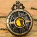 Vintage bronze pocket watch with hollow compass star design and yellow crystal stone dial accessory. - Thin Chain / Yellow Stone - Fine Chain