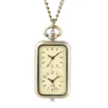 Retro bronzen rechthoekige kwarts zakhorloge met dubbele tijdzone en trui ketting. - Brons