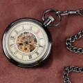 Vintage mavro mechaniko roloi tsepinis me skeleto plaki kai omorfi metaliki alida. - Μαύρο