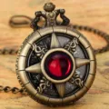Vintage bronze quartz pocket watch with red stone, hollow star design and Roman numerals. - Waist Chain / Red Stone - Waist Chain