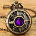 Vintage bronze quartz pocket watch with purple stone, intricate hollow dial and chain. - Waist Chain / Purple Stone - Waist Chain