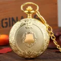 Vintage gold quartz pocket watch with long chain, ornate floral engraved mechanical style gift. - Gold
