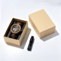Close-up detail of wooden mechanical watch skeleton dial and metal strap with box. - Ebony & Zebra Wood + Gift Box & Tools