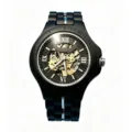 Wooden Men Mechanical Watch Hollow Skeleton Dial Roman Numerals Stainless Steel Strap - Ebony Wood - Bare Watch