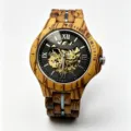 Wooden mechanical watch variant featuring skeleton dial, Roman numerals and wooden steel strap. - Zebra Wood - Bare Watch