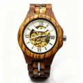 Wooden mechanical watch for men with skeleton dial and roman numerals stainless steel strap - Walnut & Zebra Wood - Bare Watch